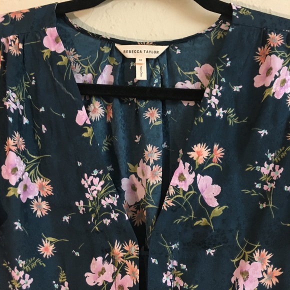 Rebecca Taylor 100% Silk Flutter Sleeve Blouse Size 12 Floral Green Pink V- neck - Picture 4 of 8
